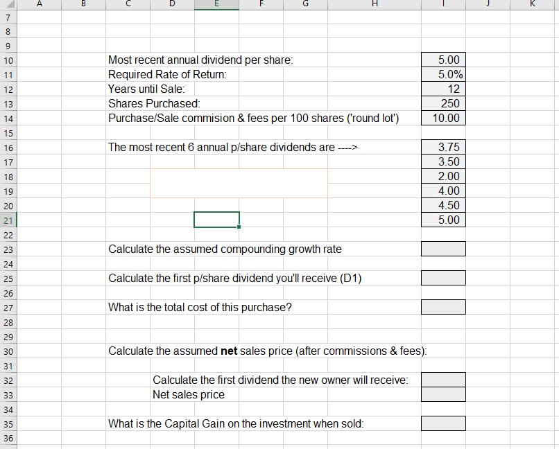  Please use excel formulas for solutions when you show your work