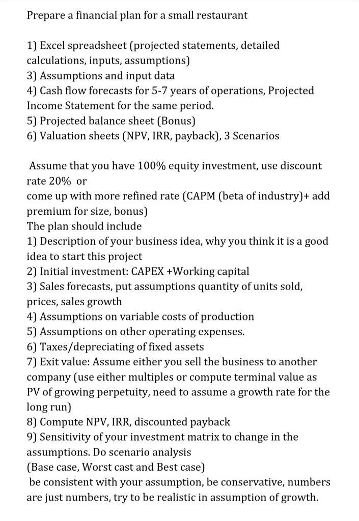  Prepare a financial plan for a small restaurant 1) Excel spreadsheet