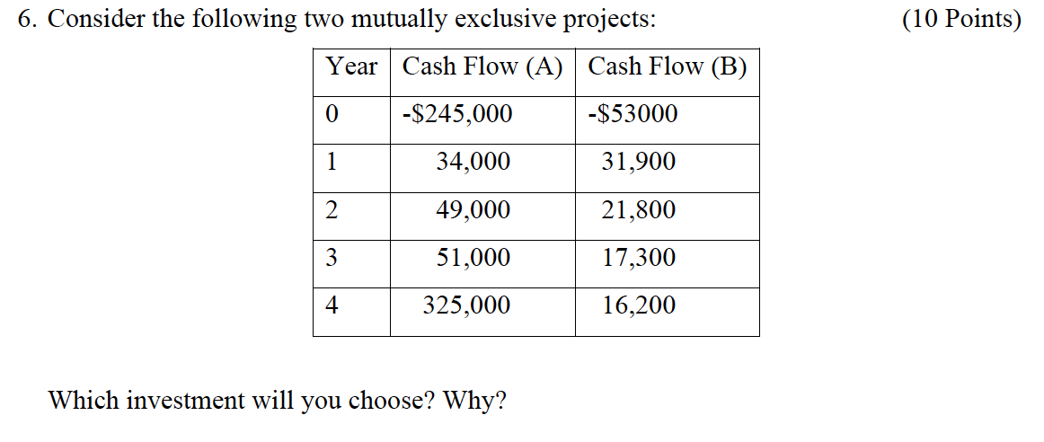 (10 Points) 6. Consider the following two mutually exclusive projects: Year