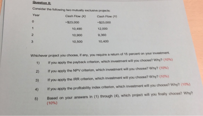  Question ll Consider the following two mutually exclusive projects: Year Cash