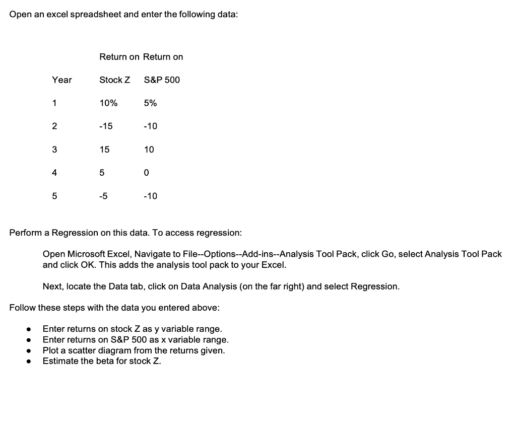 Open an excel spreadsheet and enter the following data: Return on