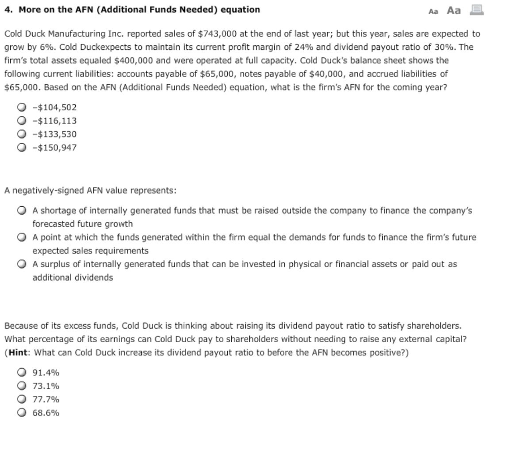 4. More on the AFN (Additional Funds Needed) equation Aa Aa