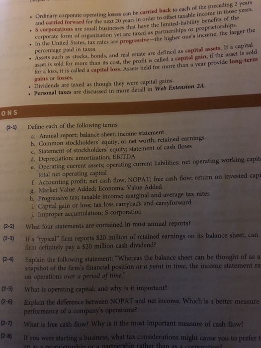  Answer question 2-1 rporate operating losses can be carried back to