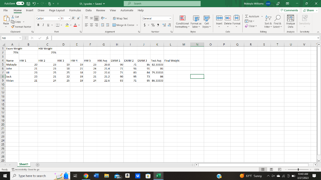 In an example class, I give five homework assignments, each worth 25