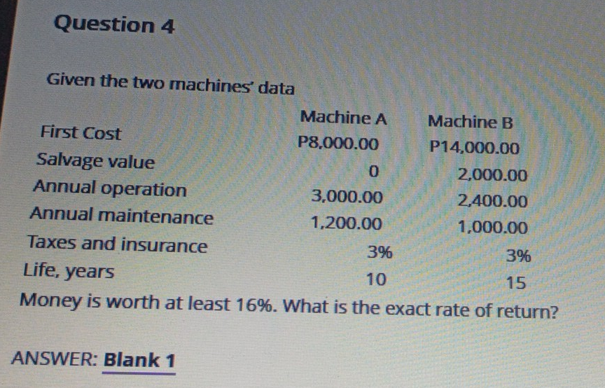 Question 4 Given the two machines data Machine A First Cost