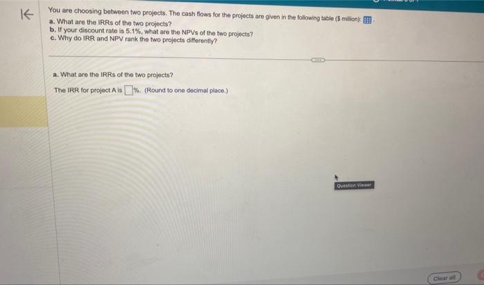  You are choosing between two projects. The cash flows for the