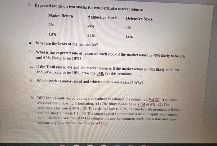 please do excel each step if used 1. Expected return on two