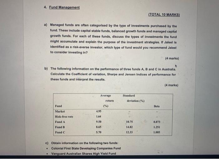 answer ALL the questions please 4. Fund Management (TOTAL 10 MARKS) a)