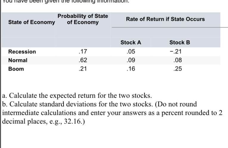 a. Calculate the expected return for the two stocks. b. Calculate