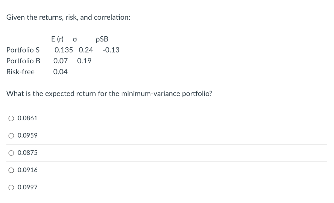  Given the returns, risk, and correlation: E (r) O pSB Portfolio