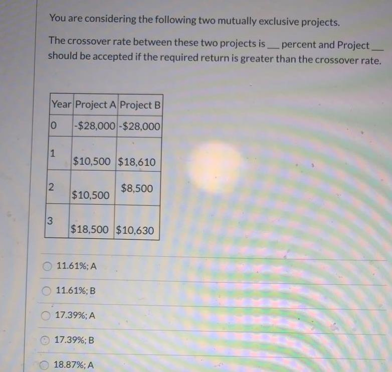 You are considering the following two mutually exclusive projects. The crossover