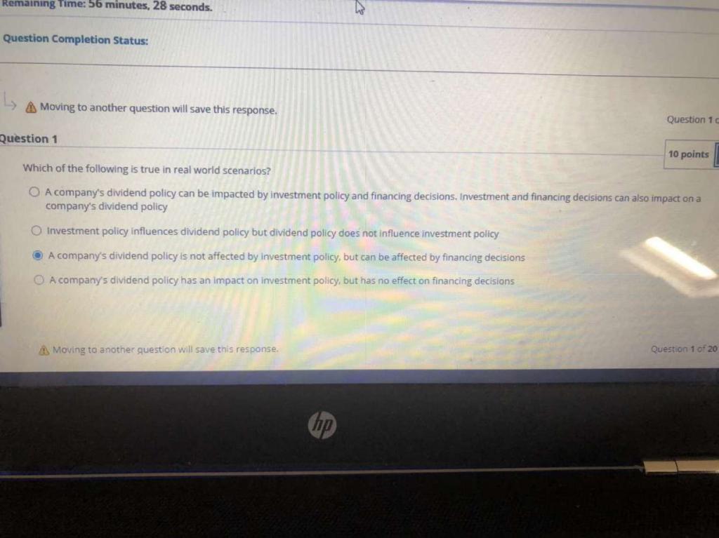Remaining Time: 56 minutes, 28 seconds. Question Completion Status: A Moving