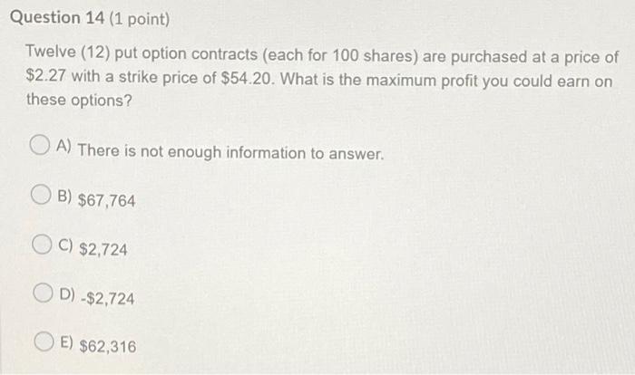  Question 14 (1 point) Twelve (12) put option contracts (each for