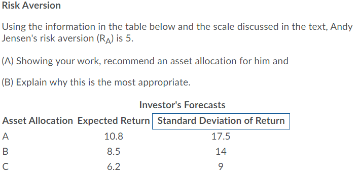  Risk Aversion Using the information in the table below and the