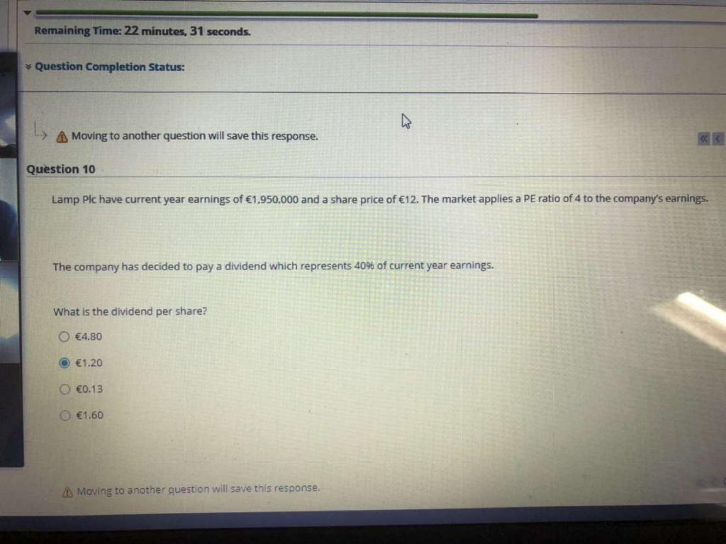  Remaining Time: 22 minutes, 31 seconds. Question Completion Status: Moving to