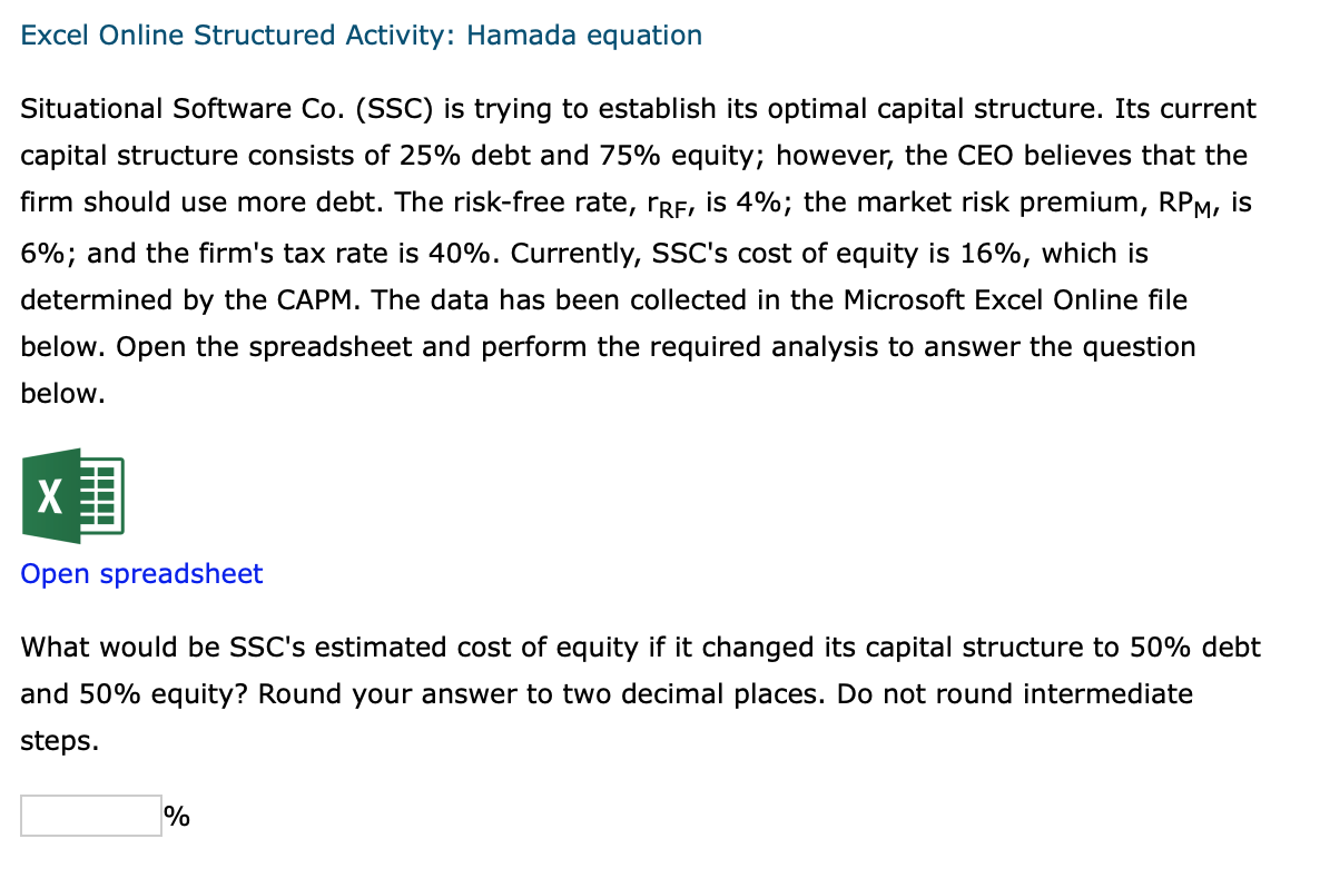 Excel Online Structured Activity: Hamada equation Situational Software Co. (SSC) is