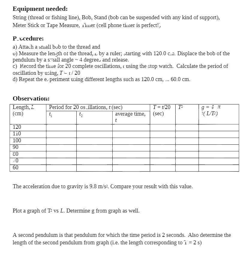 Equipment needed: String (thread or fishing line), Bob, Stand (bob can