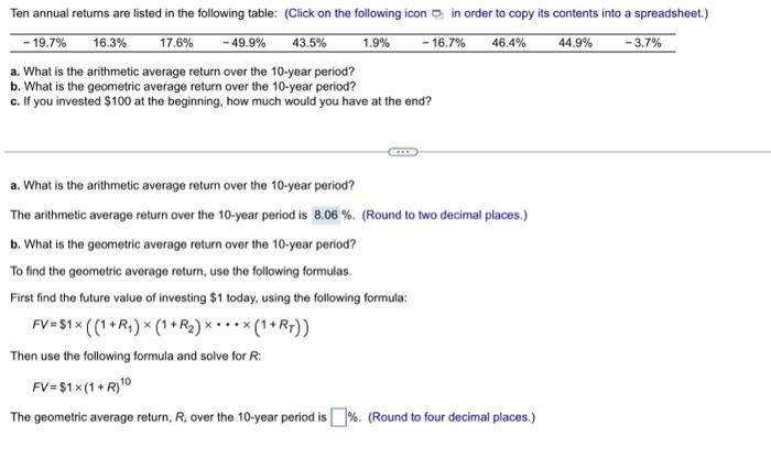  a. What is the arithmetic average return over the 10 -year