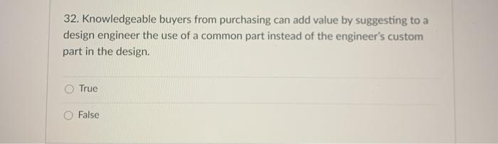  32. Knowledgeable buyers from purchasing can add value by suggesting to