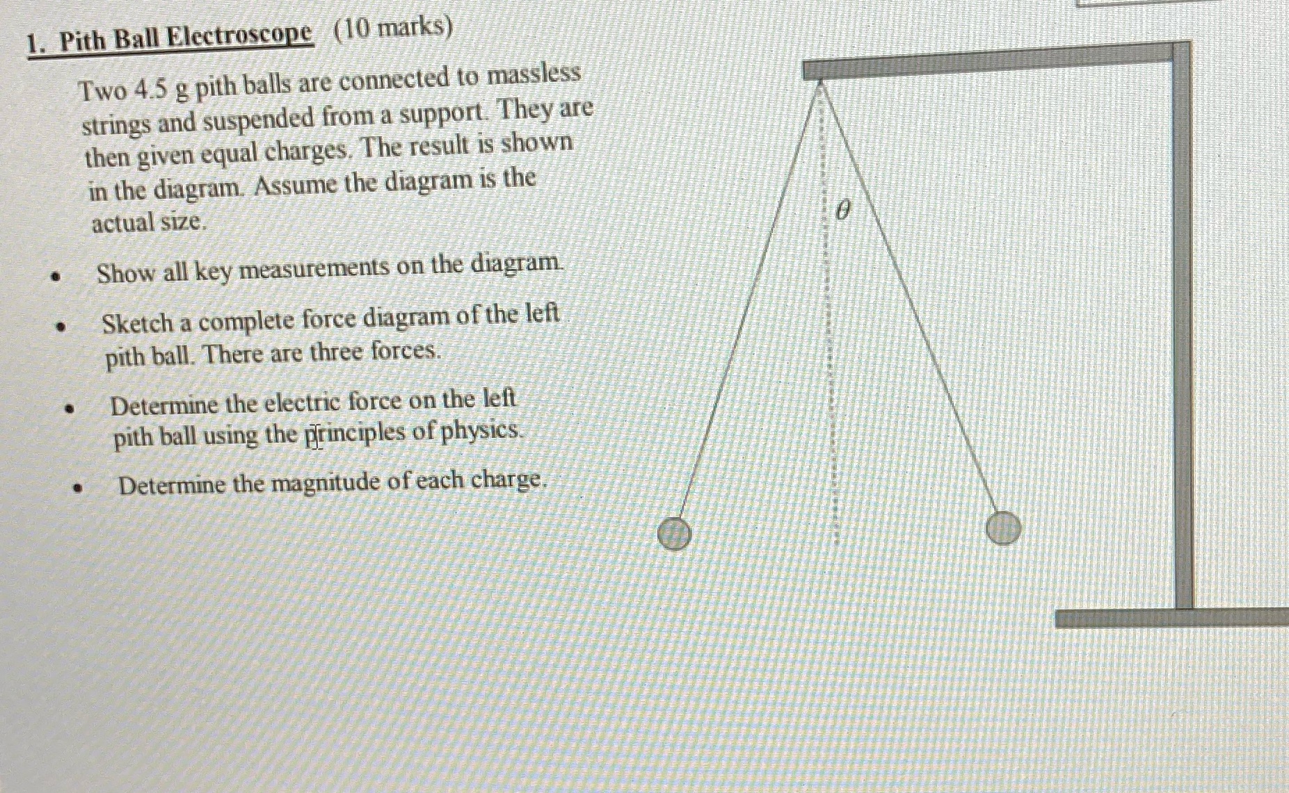 Help thanks 1. Pith Ball Electroscope (10 marks) Two 4.5 g pith