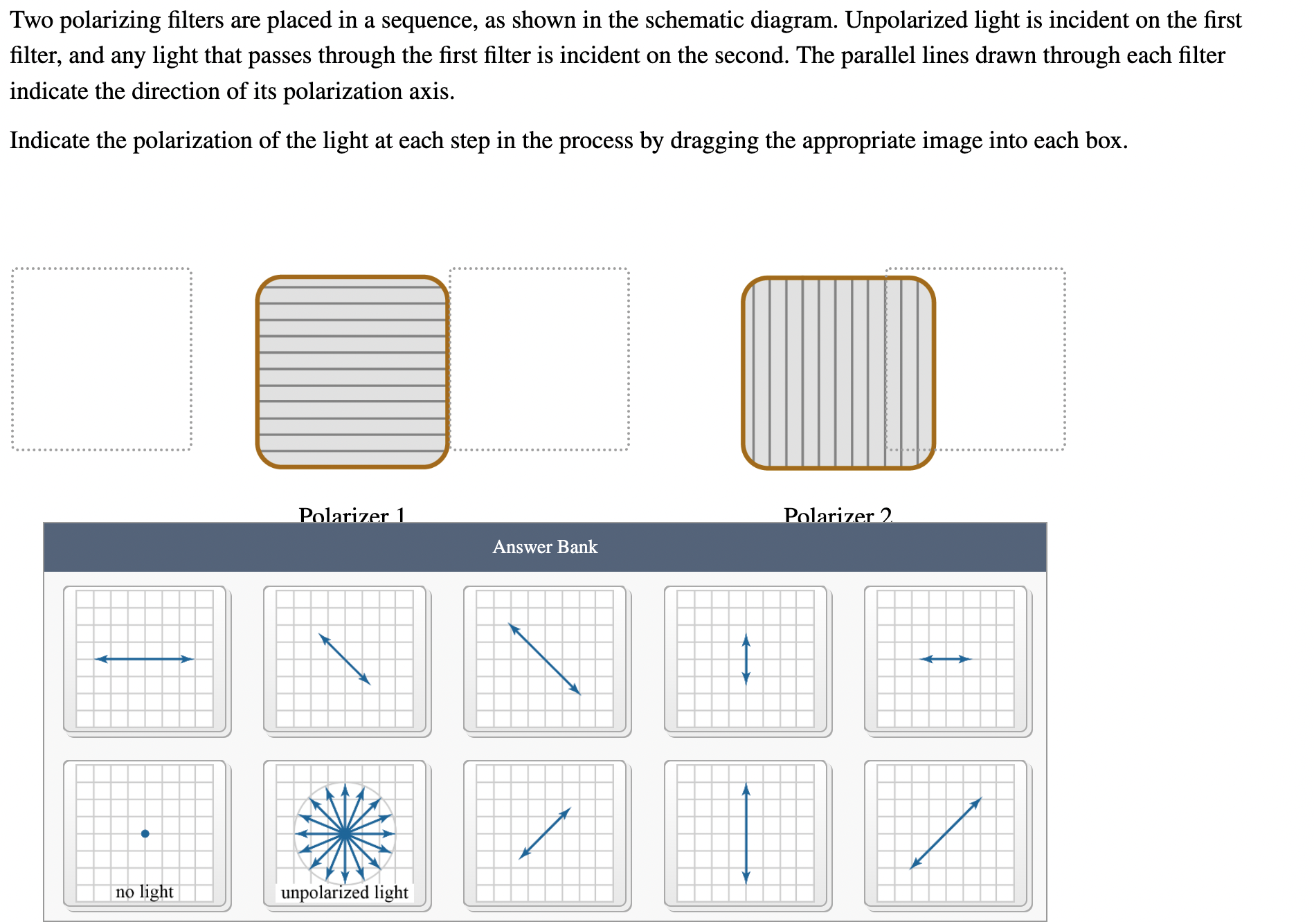 Two polarizing filters are placed in a sequence, as shown in
