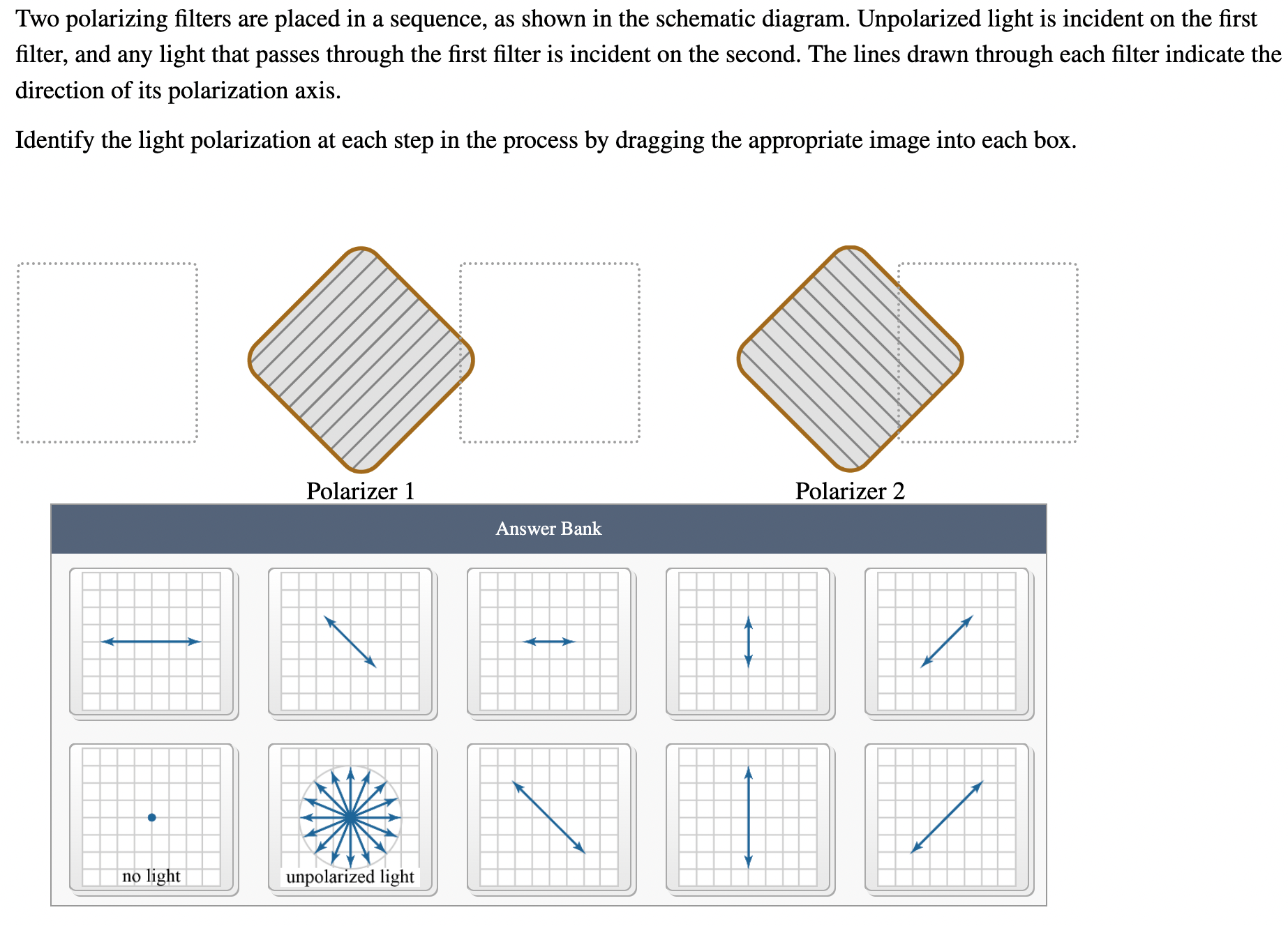 the schematic diagram. Unpolarized light is incident on the first filter, and