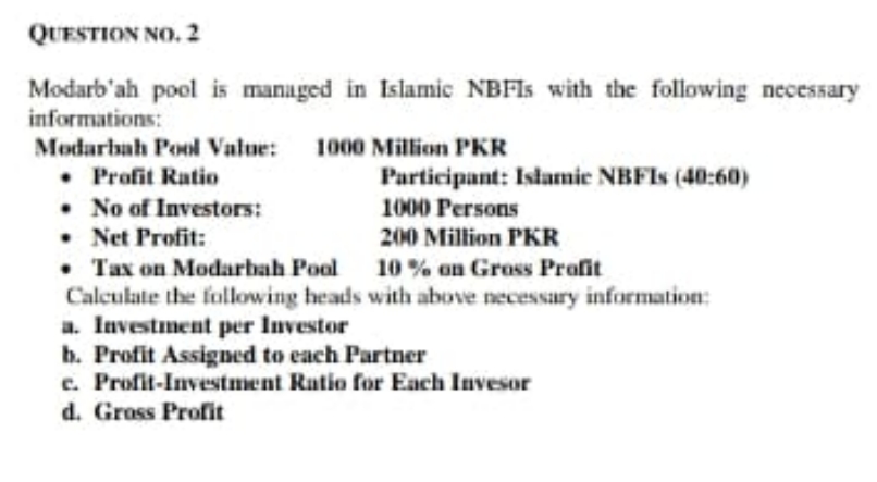 Question 2 QUESTION NO. 2 Modarb'ah pool is managed in Islamic NBFIs