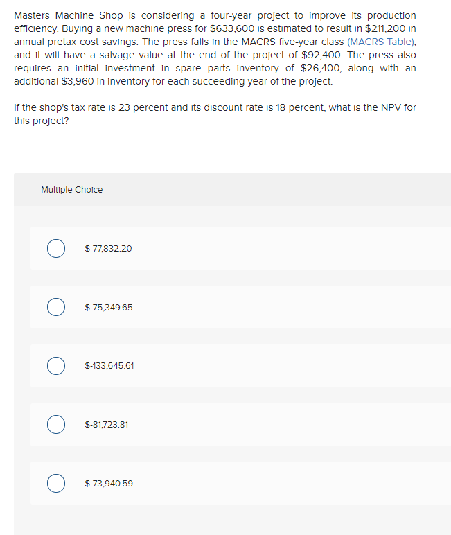  Masters Machine Shop is considering a four-year project to improve its