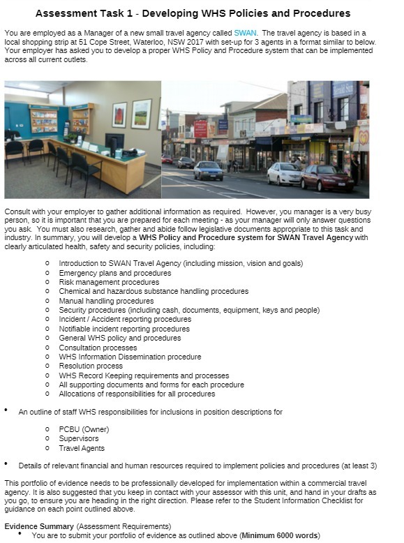 Assessment Task 1 - Developing WHS Policies and Procedures You are