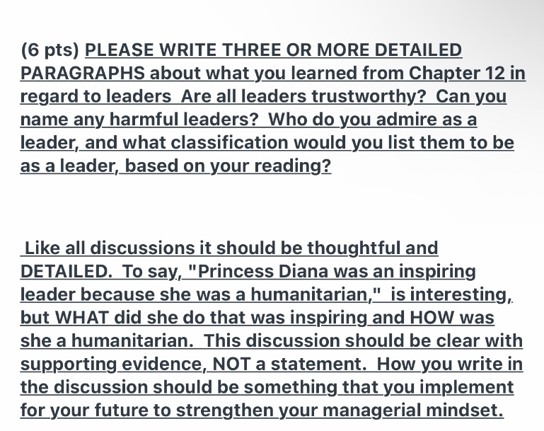 (6 pts) PLEASE WRITE THREE OR MORE DETAILED PARAGRAPHS about what