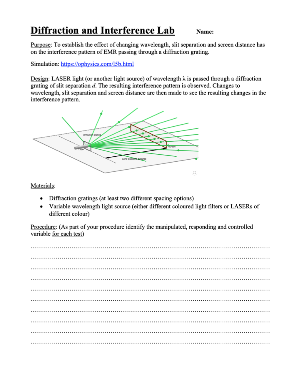  Diffraction and Interference Lab Name: Firm: To establish the effect of