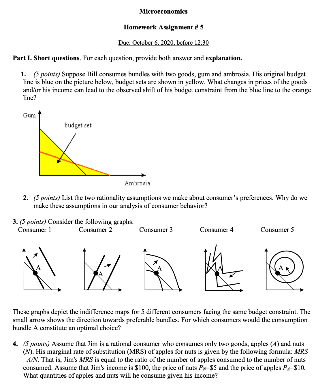 Consumer Choice Microeconomics Homework Assignment # 5 Due: October 6, 2020, before