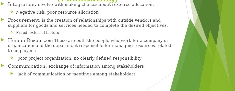  Integration: involve with making choices about resource allocation. * Negative risk: