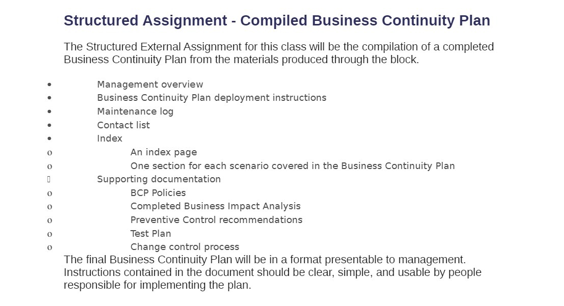  OOOOOE'OO Structured Assignment - Compiled Business Continuity Plan The Structured External