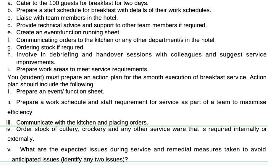 You (student) are working in the Cafe/Restaurant as Cafe/Restaurant supervisor. You have