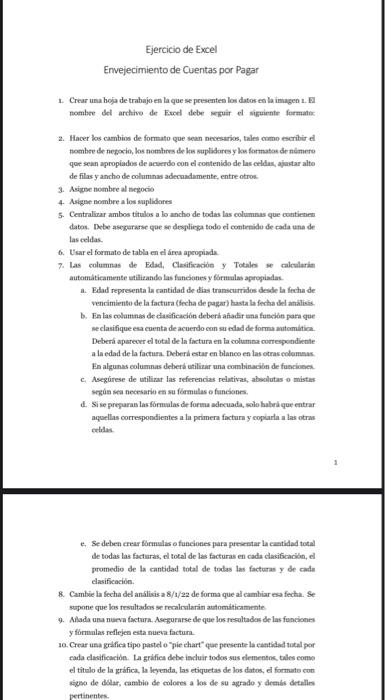  Excel Exercise Accounts Payable Aging 1. Create a worksheet presenting the