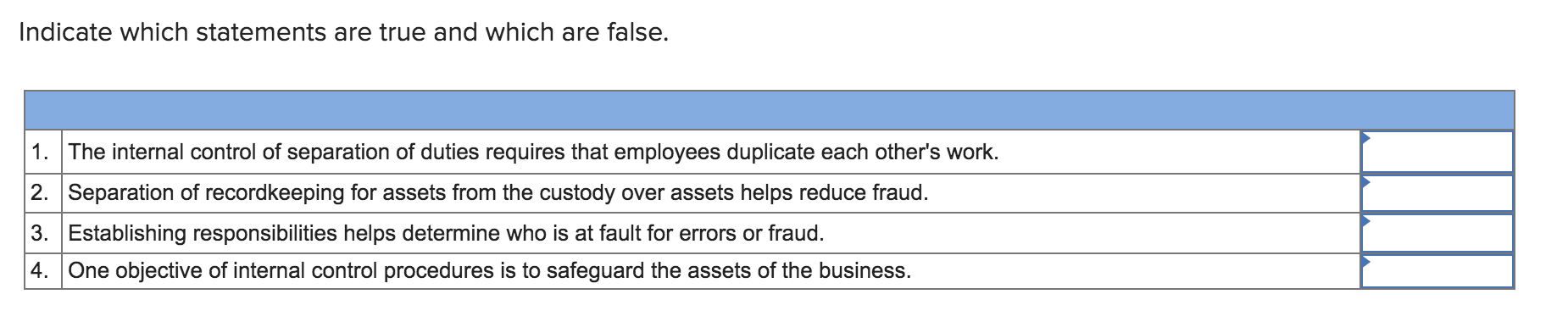 Indicate which statements are true and which are false. 1. The