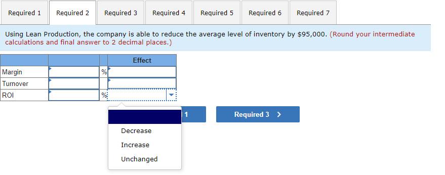 selection (Decrease, Increase, Unchanged) for all 3 rows.. Margin, Turnover, and ROI