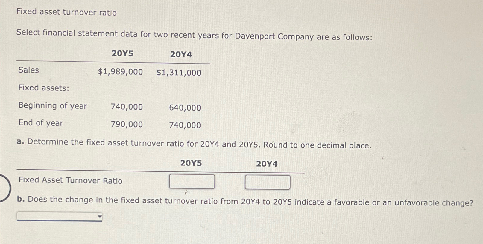  Fixed asset turnover ratio Select financial statement data for two recent