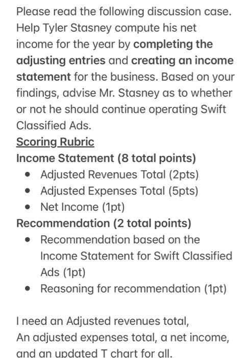  Please read the following discussion case. Help Tyler Stasney compute his