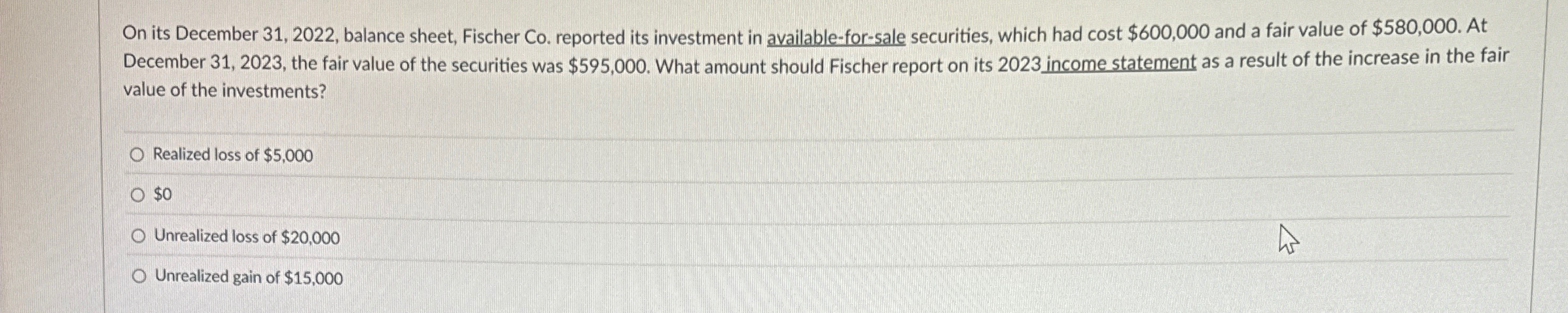  On its December 31,2022, balance sheet, Fischer Co. reported its investment