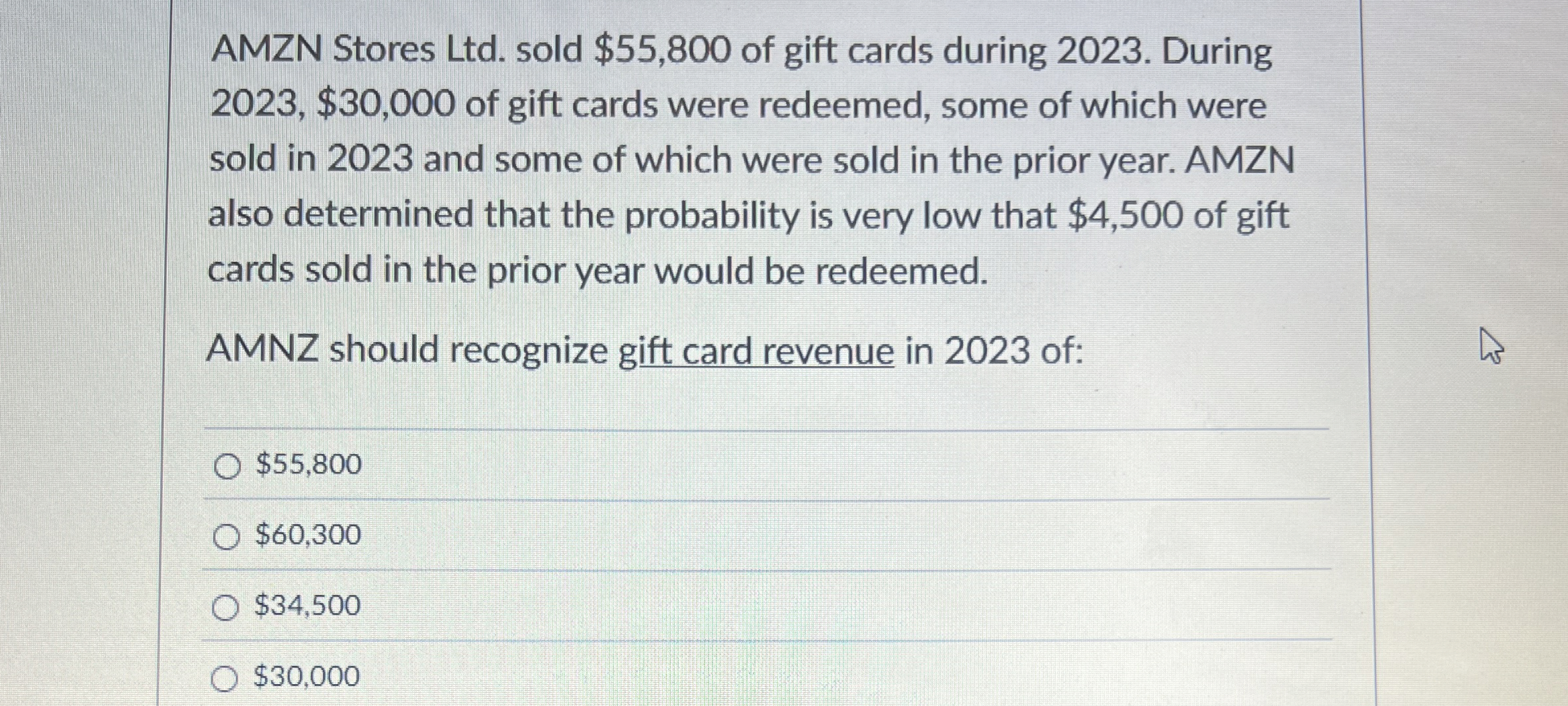  AMZN Stores Ltd. sold $55,800 of gift cards during 2023. During