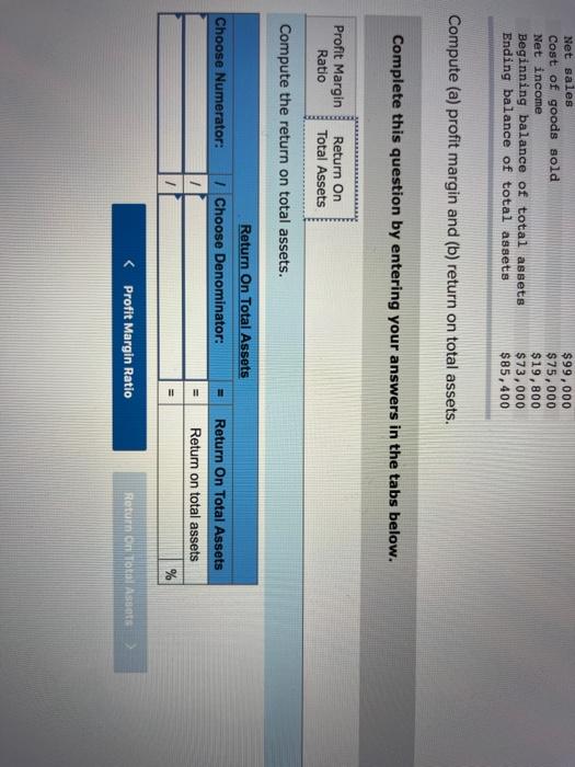 Cost of goods sold Net income Beginning balance of total assets Ending