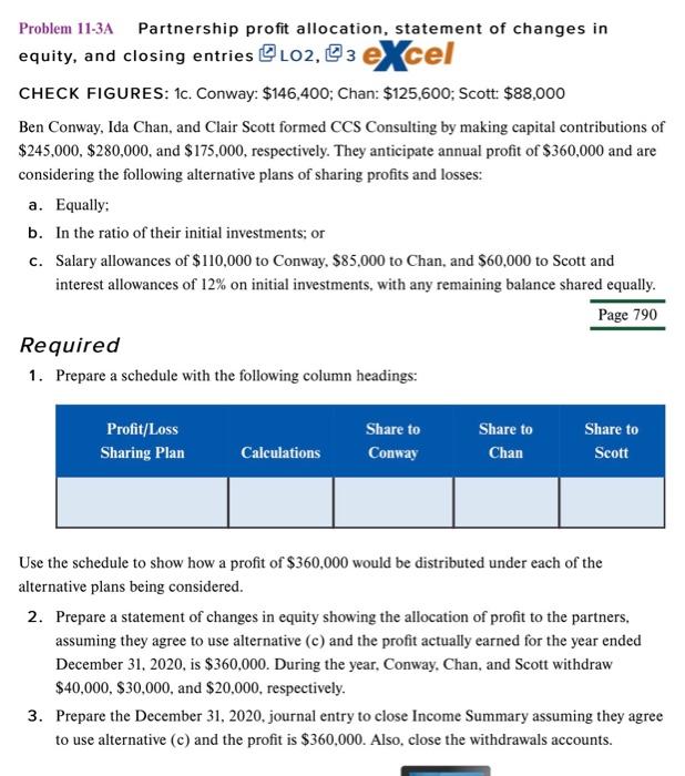  Problem 11-3A Partnership profit allocation, statement of changes in equity, and
