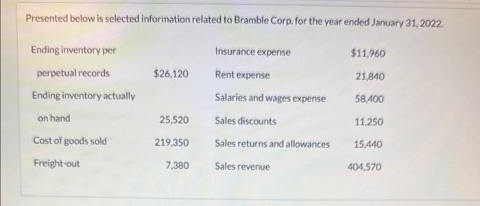 question 10 : chapter 5 Presented below is selected information related to