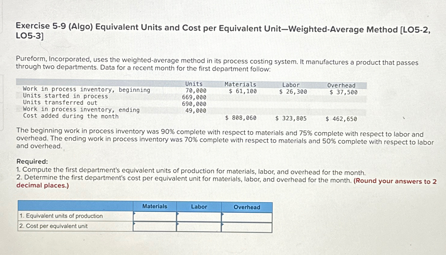  Exercise 5-9(Algo) Equivalent Units and Cost per Equivalent Unit-Weighted-Average Method [LO5-2,