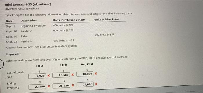  Brief Exercise 6-35 (Algorithmic) Inventory Costing Methods Tyler Company has the