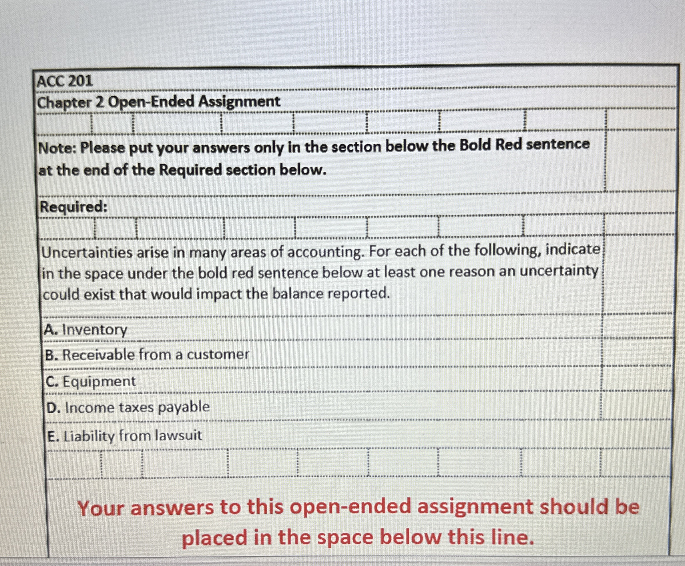  ACC 201 Chapter 2 Open-Ended Assignment Note: Please put your answers
