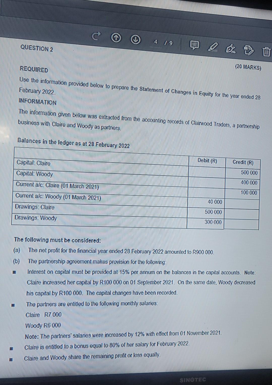  QUESTION 2 (20 MARKS) REQUIRED Use the information provided below to