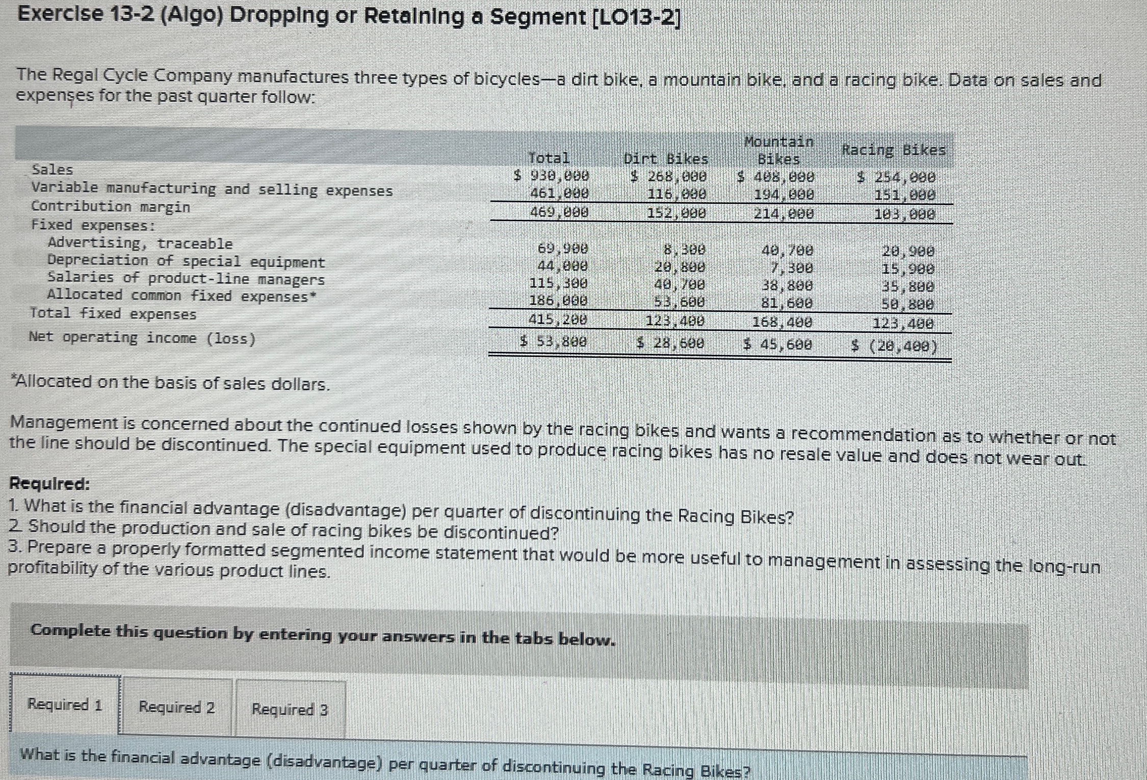  Exerclse 13-2(Algo) Droppling or Retalning a Segment [LO13-2] The Regal Cycle